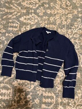 Time and Tru Navy and White Striped Cropped Button Cardigan